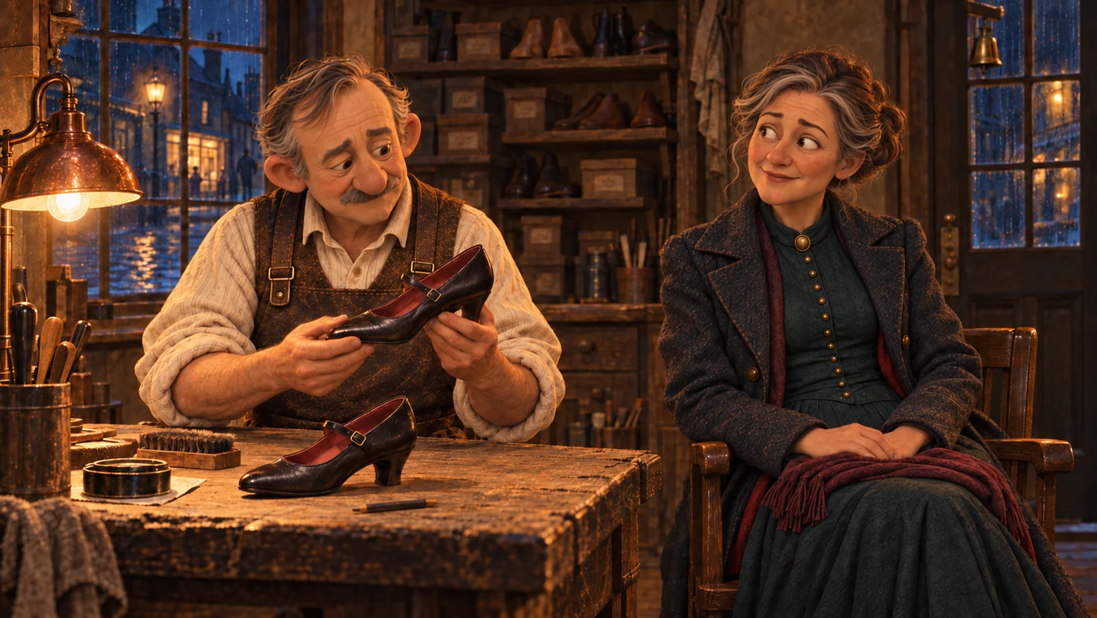 Ambrose and Clara in the cobbler’s workshop.
