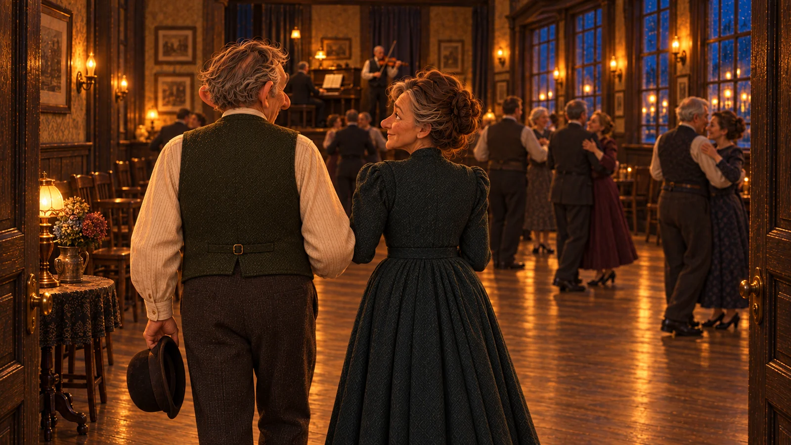 Arriving for the dance at the Three Lanterns.