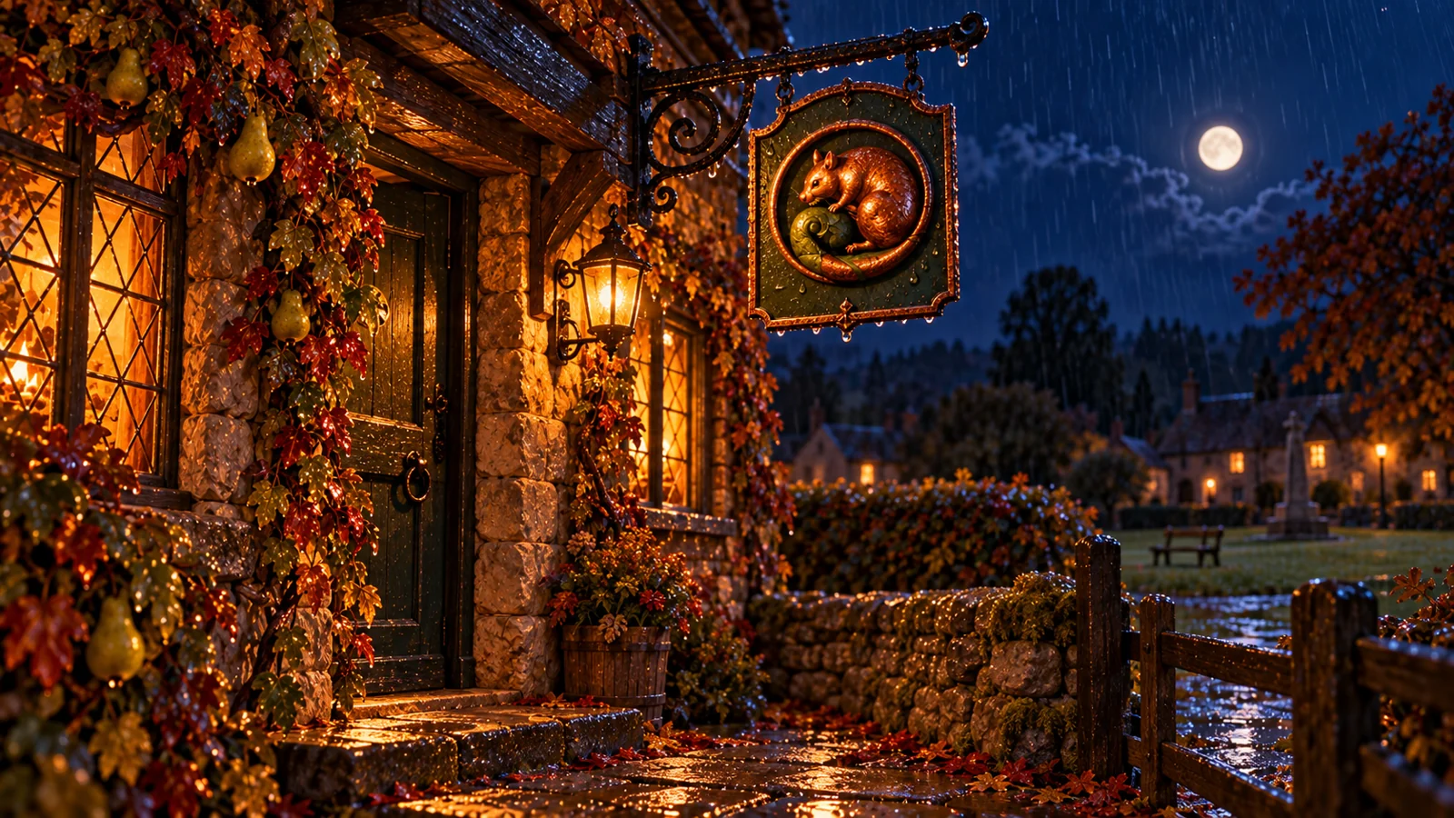 The inn door on a rainy evening.