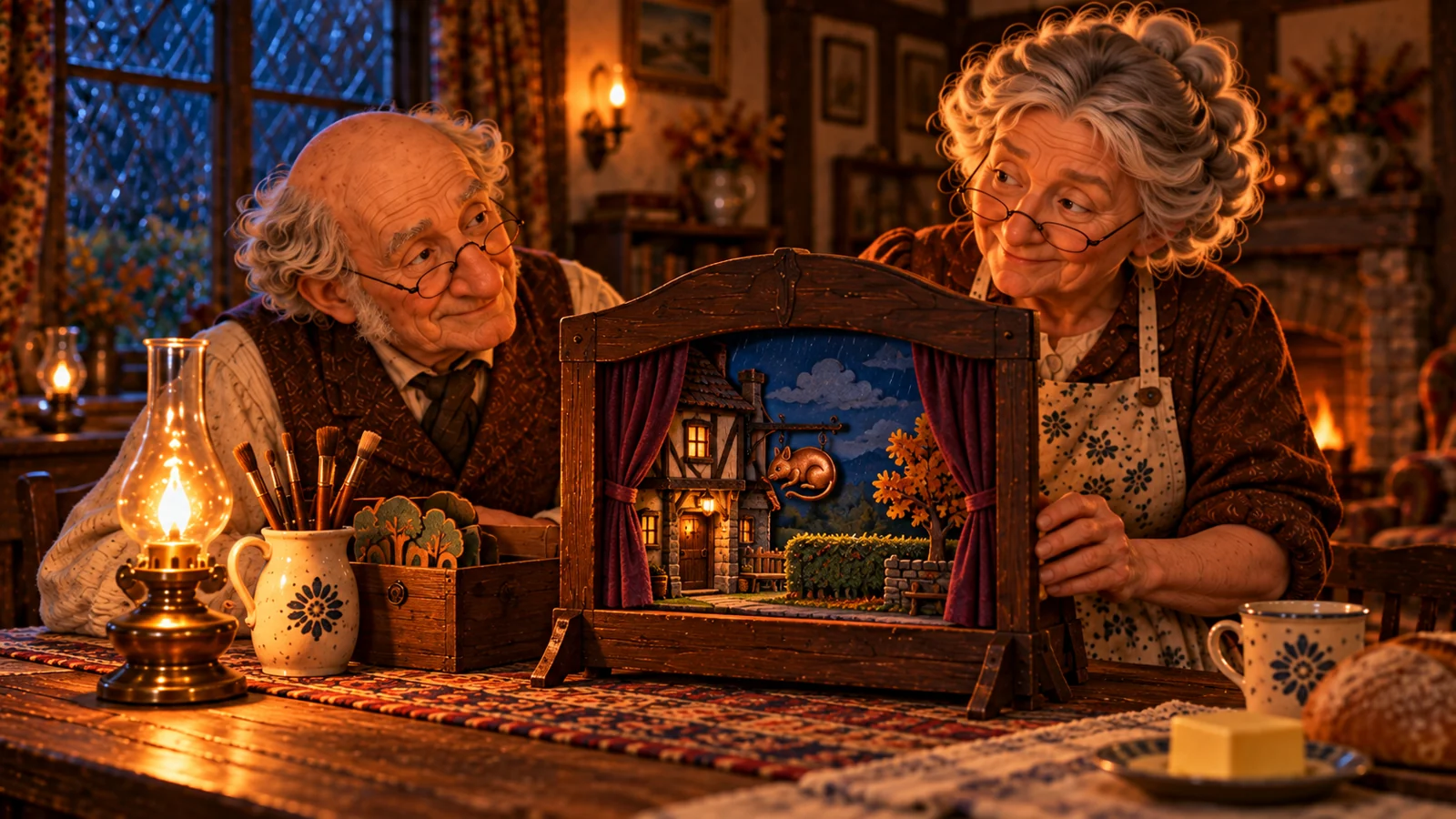 Bartholomew and Dorothea with the little theatre.