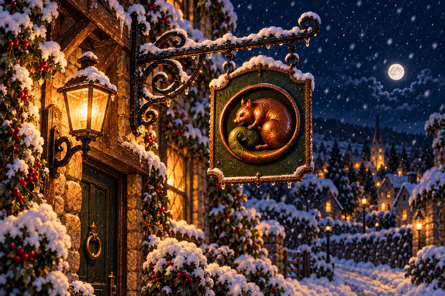 The copper sign above the snowy lane.