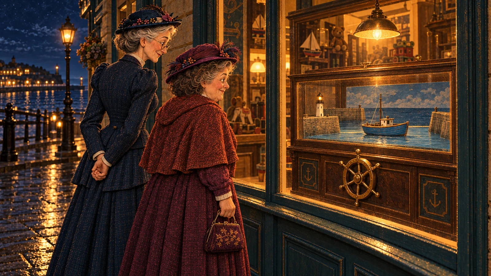 Beatrice and Louisa Thistleby look into a lit arcade window at a little blue boat in a painted harbour.